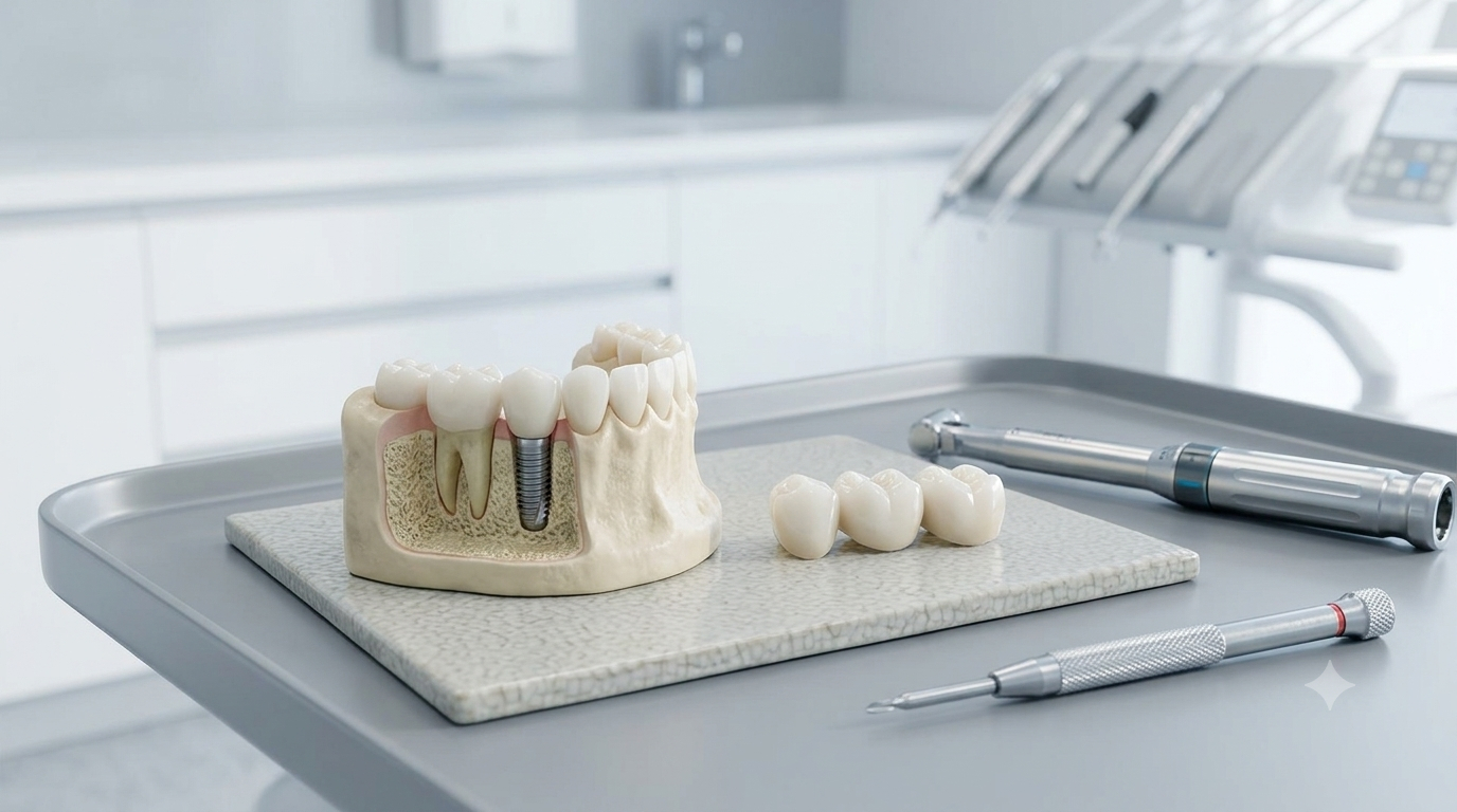 Single tooth dental implant compared with a dental bridge